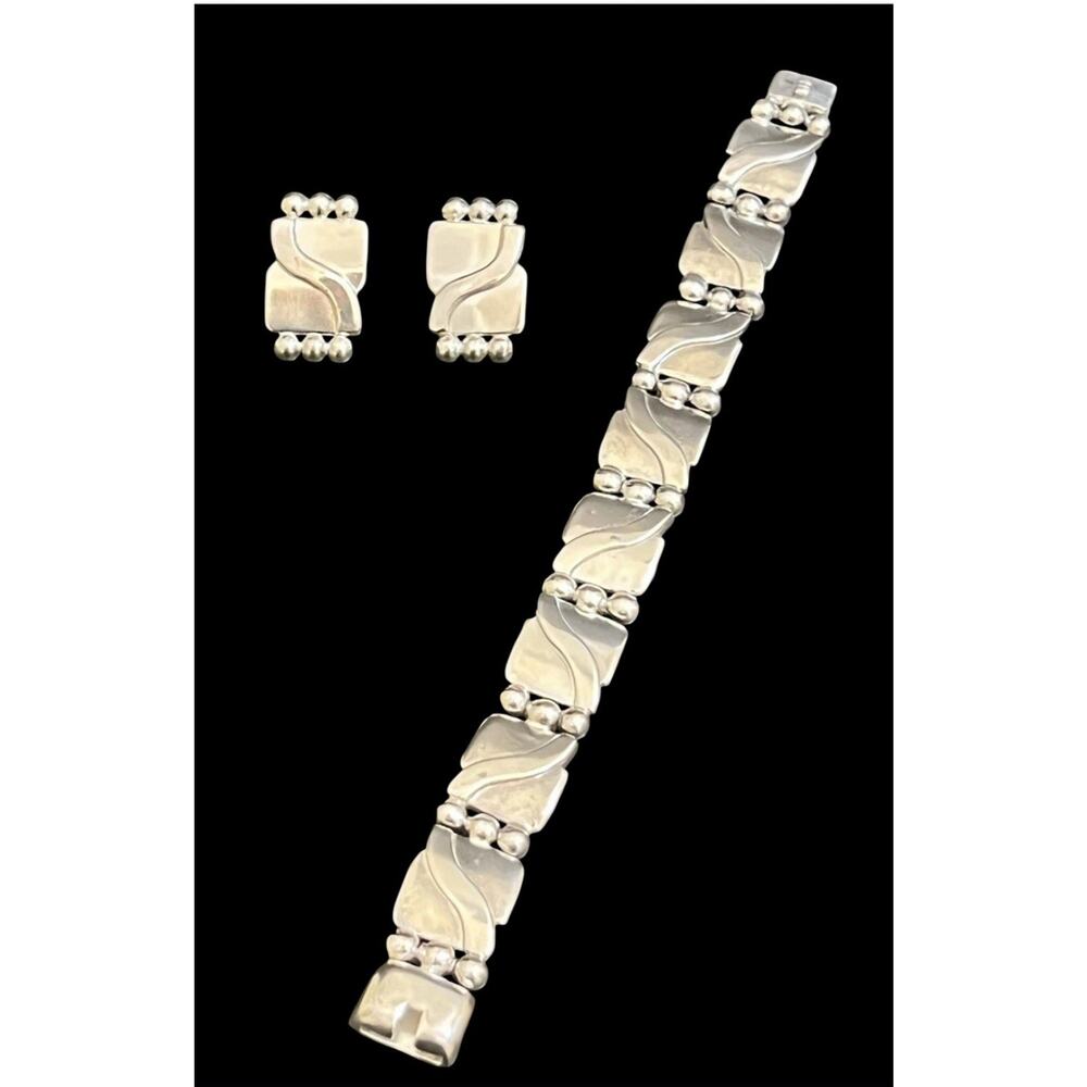 Hector Aguilar Taxco Mexico Sterling Silver Art Deco Lyre Bracelet Earrings Set
